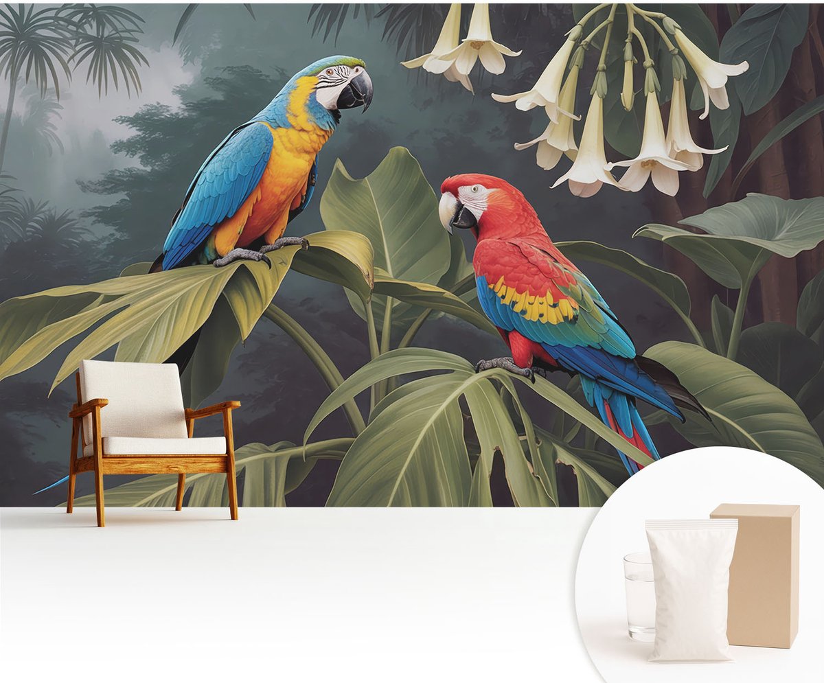 Wallfluent Fotobehang - Zwart Vliesbehang - 416x254 cm - Kleurrijke Papegaaien Fotobehang Vlies - Hal behang Dieren - Muurschildering - Hal behang