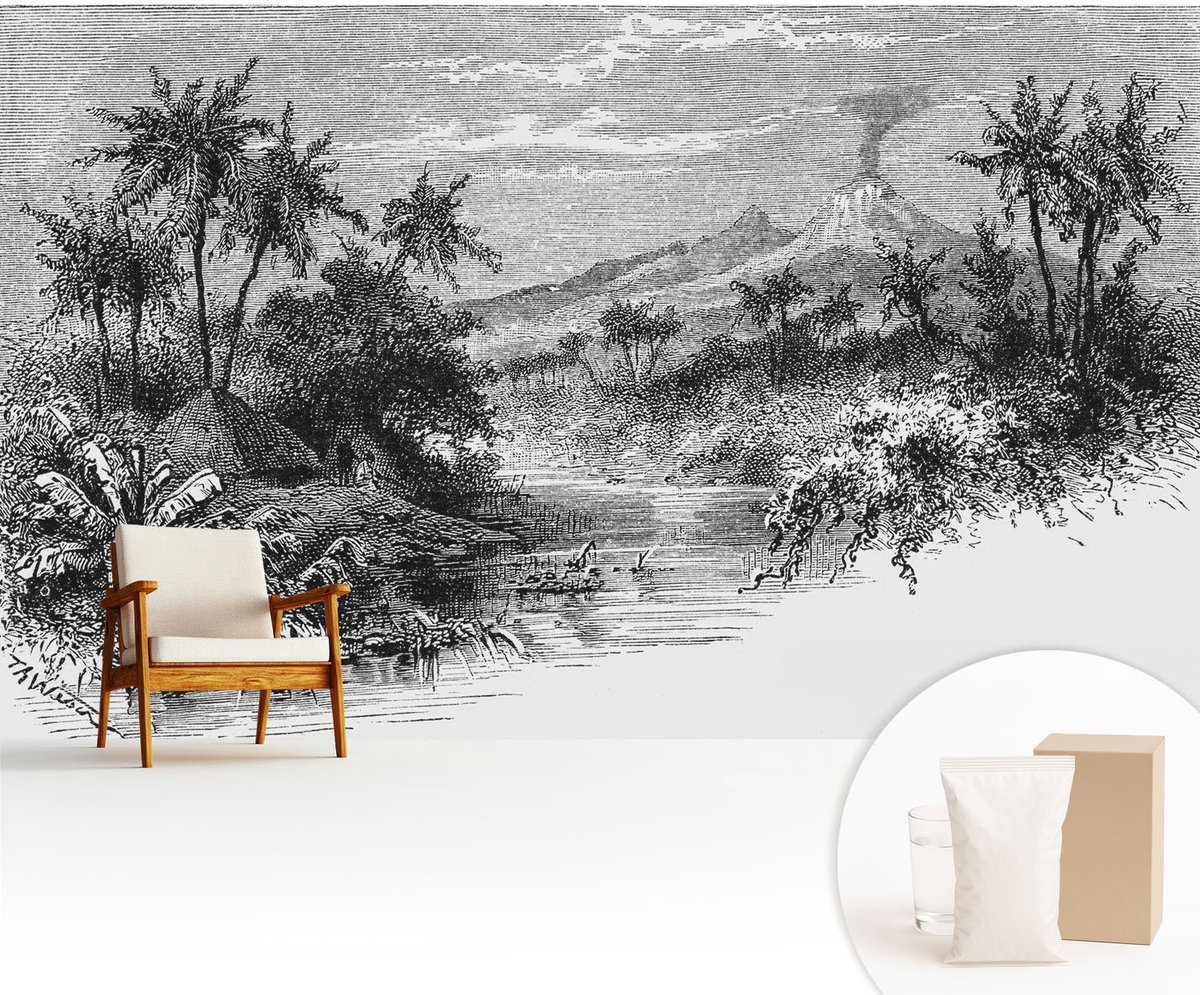 Wallfluent Fotobehang - Zwart-Wit Vliesbehang - 416x254 cm - Exotisch Panorama Fotobehang Vlies - Woonkamer behang Landschappen - Muurschildering - Hal behang