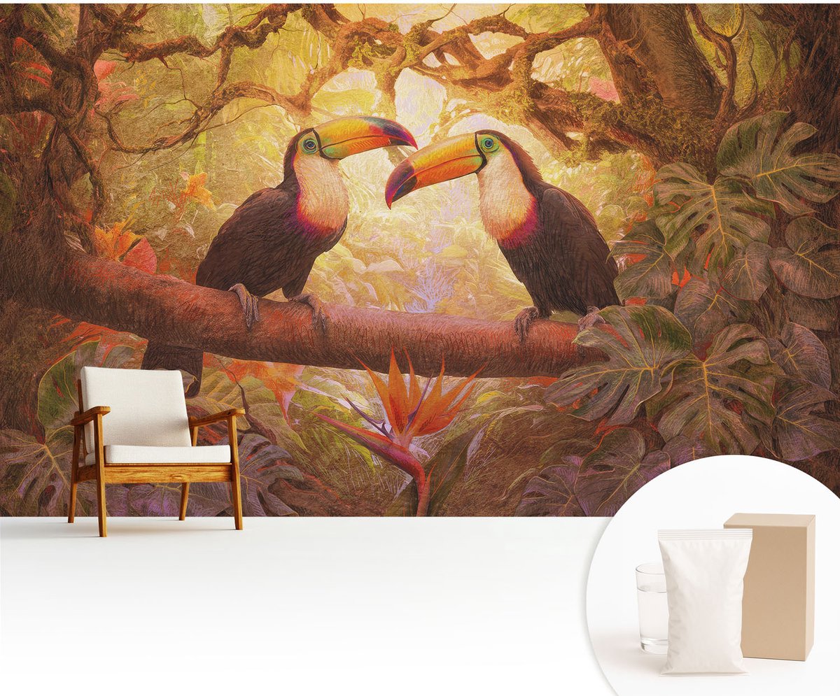 Wallfluent Fotobehang - Bruin Vliesbehang - 416x254 cm - Kleurrijke Toekans Muurschildering - Slaapkamer behang Dieren - Fotobehang Vlies - Slaapkamer behang