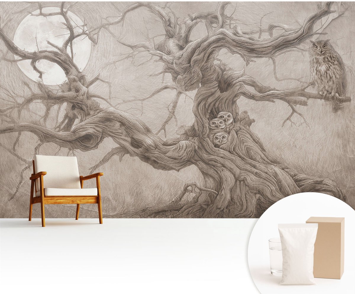 Wallfluent Fotobehang - Beige Vliesbehang - 416x254 cm - Nachtvogels Fotobehang Vlies - Woonkamer behang Deel - Muurschildering - Woonkamer behang