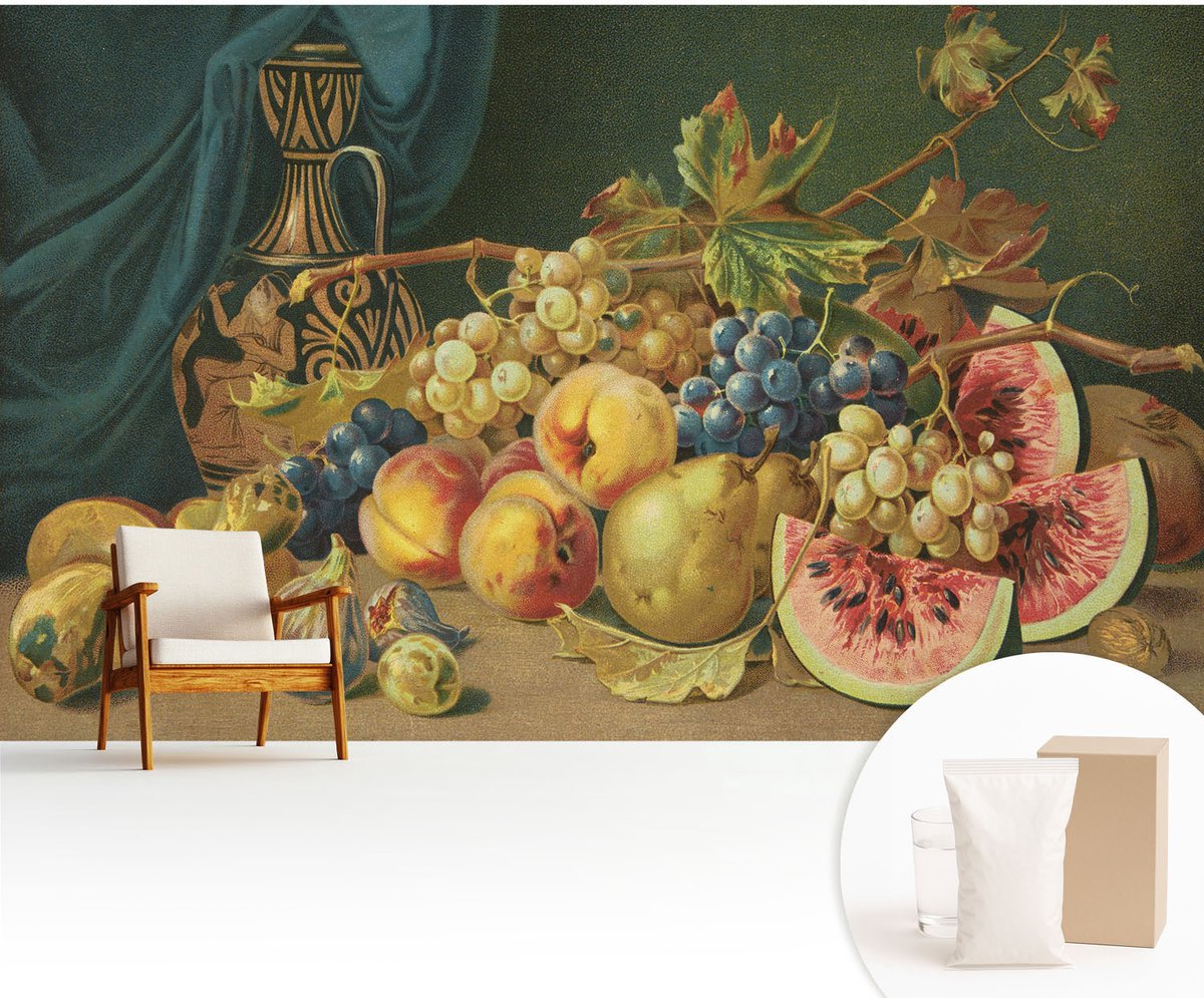 Wallfluent Fotobehang - Grijs Vliesbehang - 416x254 cm - Fruitige Charme Fotobehang Vlies - Woonkamer behang Voedsel - Muurschildering - Hal behang