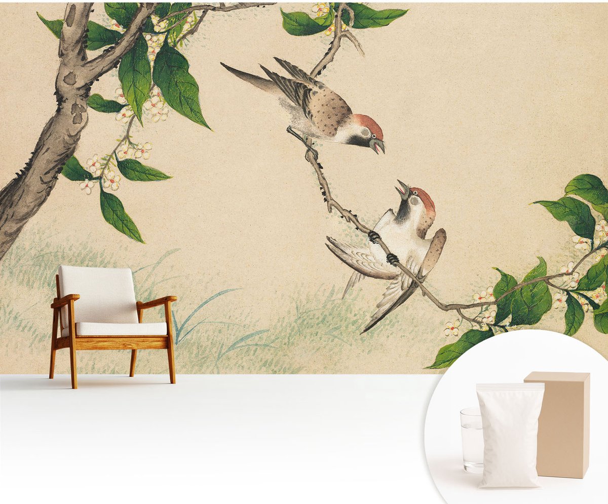 Wallfluent Fotobehang - Beige Vliesbehang - 416x254 cm - Klassiek Duo Fotobehang Vlies - Hal behang Dieren - Muurschildering - Woonkamer behang