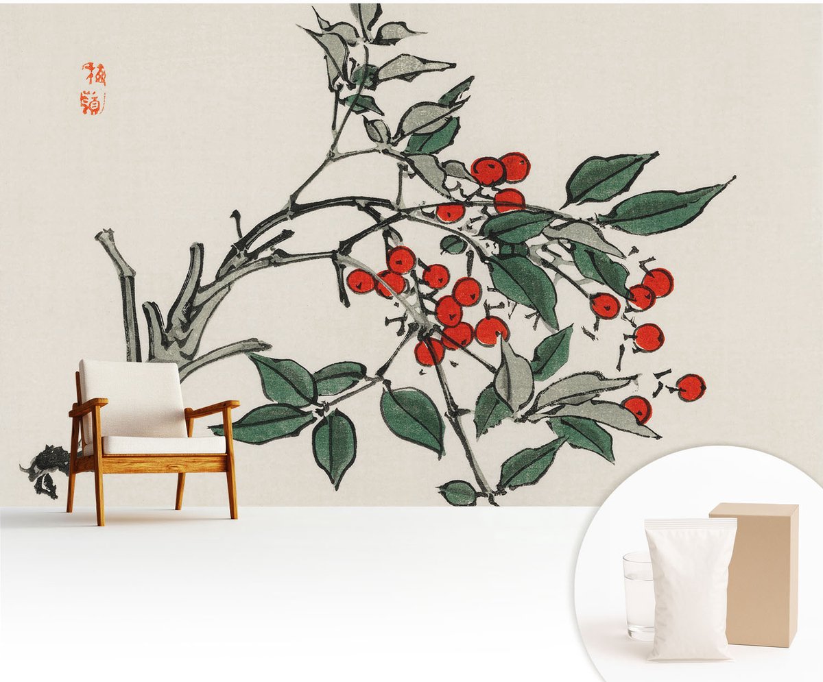 Wallfluent Fotobehang - Zwart Vliesbehang - 416x254 cm - Een Takje Bessen Muurschildering - Slaapkamer behang Bloemen En Planten - Fotobehang Vlies - Gang behang