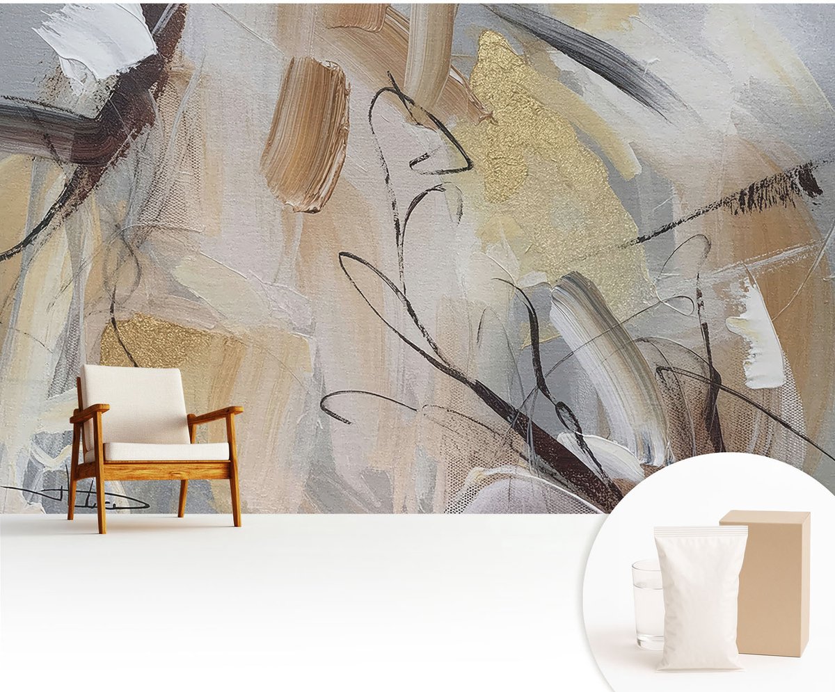 Wallfluent Fotobehang - Beige Vliesbehang - 416x254 cm - Abstracte Compositie Fotobehang Vlies - Hal behang Abstractie - Muurschildering - Hal behang