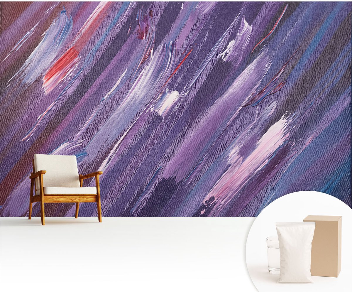 Wallfluent Fotobehang - Paars Vliesbehang - 416x254 cm - Kleurrijke Penseelstreken Muurschildering - Slaapkamer behang Abstractie - Fotobehang Vlies - Slaapkamer behang