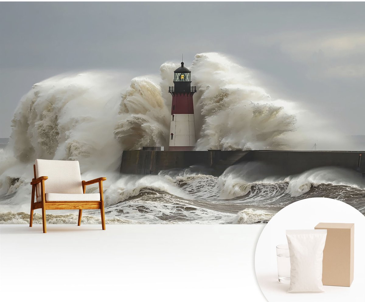 Wallfluent Fotobehang - Grijs Vliesbehang - 416x254 cm - Zeegolven Fotobehang Vlies - Hal behang Landschappen - Muurschildering - Woonkamer behang