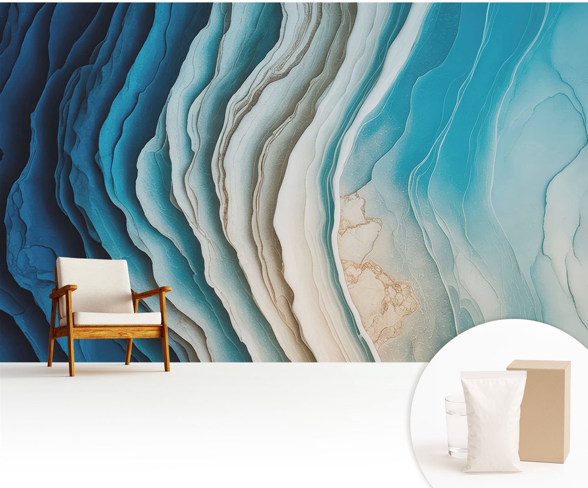 Wallfluent Fotobehang - Blauw Vliesbehang - 416x254 cm - Golven Van Harmonie Fotobehang Vlies - Hal behang Abstractie - Muurschildering - Woonkamer behang