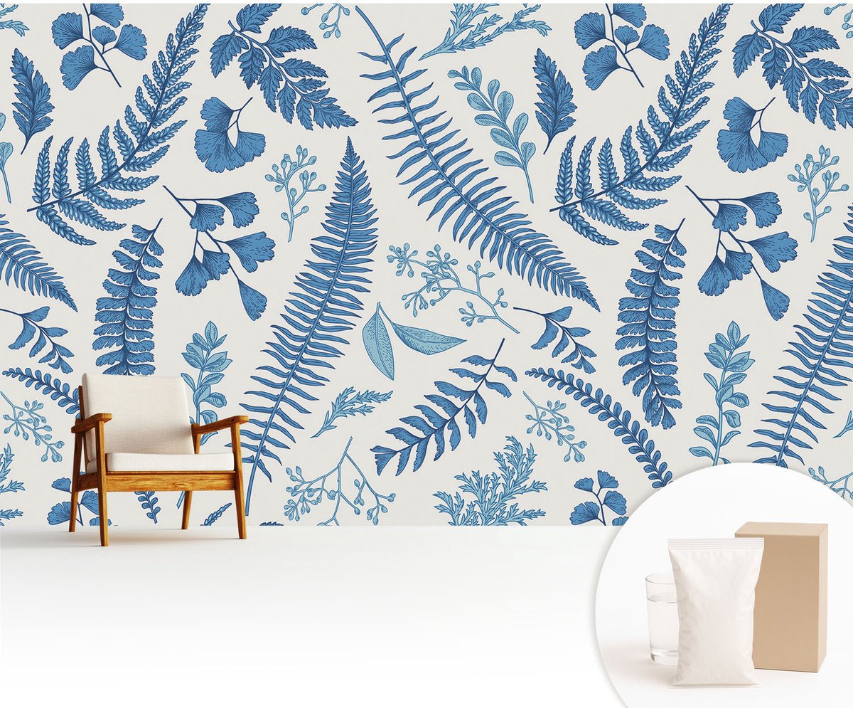 Wallfluent Fotobehang - Wit Vliesbehang - 416x254 cm - Botanische Patronen Fotobehang Vlies - Hal behang Bloemen En Planten - Muurschildering - Hal behang