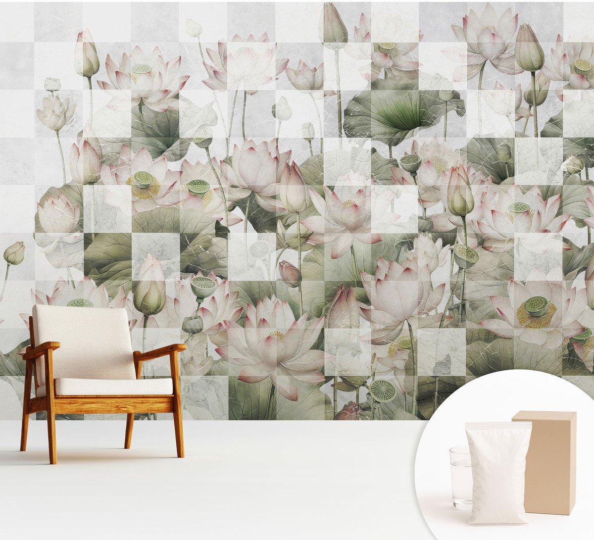 Wallfluent Fotobehang - Wit Vliesbehang - 312x219 cm - Lotuspatronen Fotobehang Vlies - Woonkamer behang Bloemen En Planten - Muurschildering - Woonkamer behang