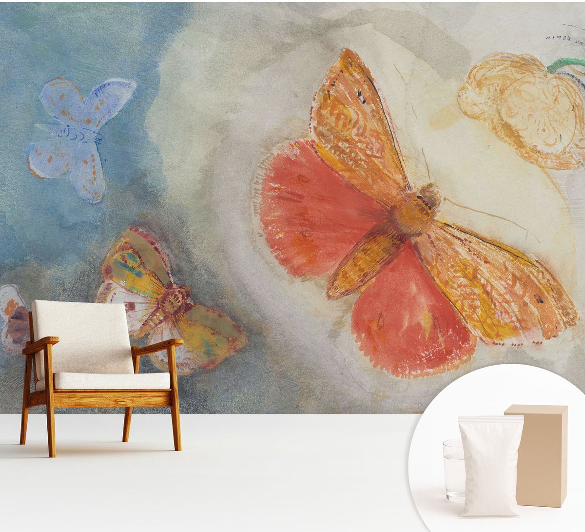 Wallfluent Fotobehang - Oranje Vliesbehang - 312x219 cm - Kleurrijke Vlinders Fotobehang Vlies - Hal behang Deel - Muurschildering - Woonkamer behang