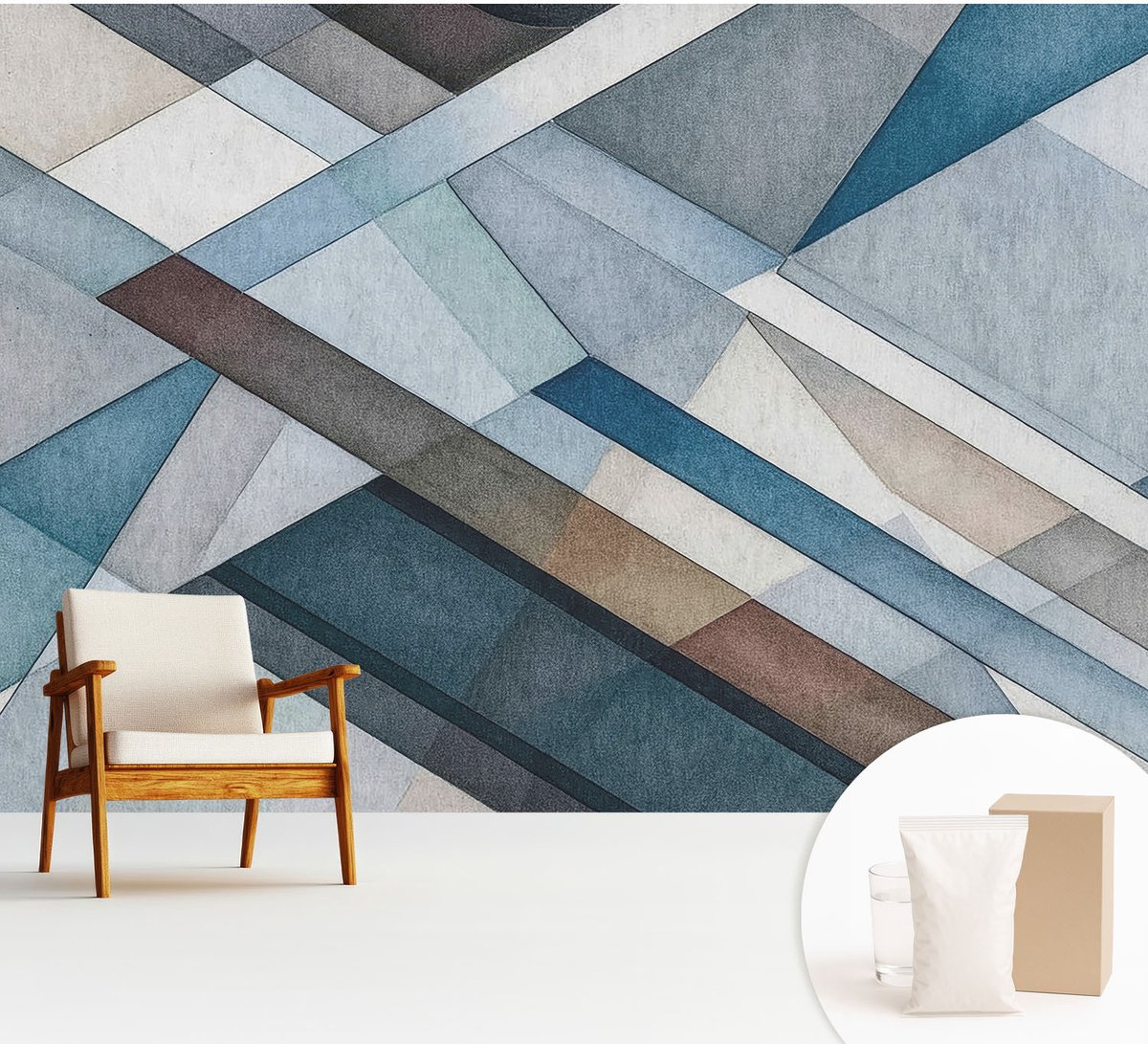 Wallfluent Fotobehang - Blauw Vliesbehang - 312x219 cm - Abstracte Geometrie Fotobehang Vlies - Woonkamer behang Geometrie - Muurschildering - Hal behang