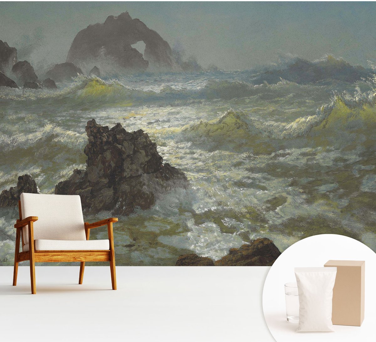 Wallfluent Fotobehang - Grijs Vliesbehang - 312x219 cm - Stormachtige Zee Fotobehang Vlies - Woonkamer behang Landschappen - Muurschildering - Woonkamer behang