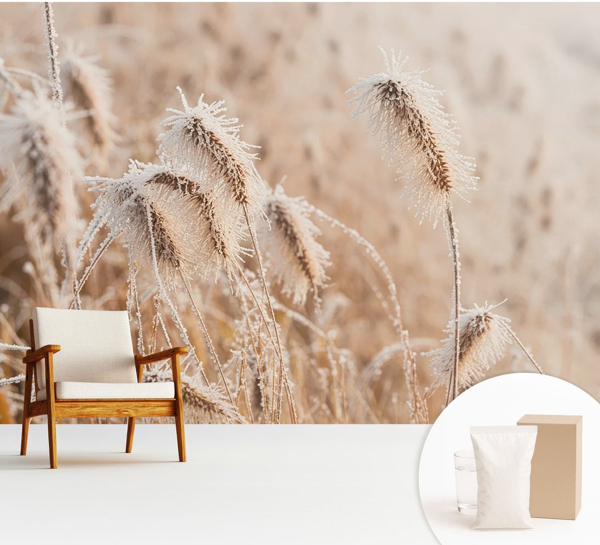 Wallfluent Fotobehang - Wit Vliesbehang - 312x219 cm - Winterlandschap Fotobehang Vlies - Hal behang Bloemen En Planten - Muurschildering - Woonkamer behang