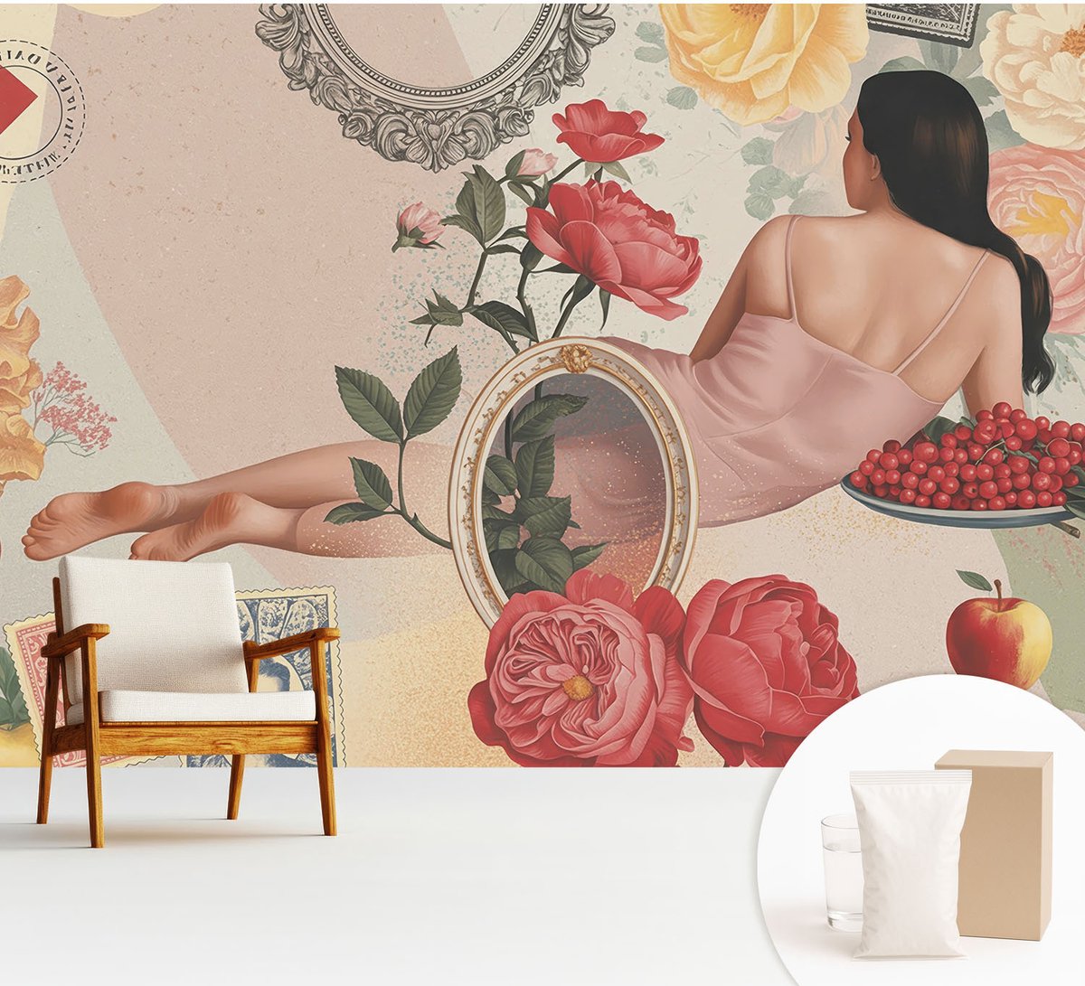 Wallfluent Fotobehang - Beige Vliesbehang - 312x219 cm - Bloemige Elegantie Fotobehang Vlies - Hal behang Deel - Muurschildering - Hal behang