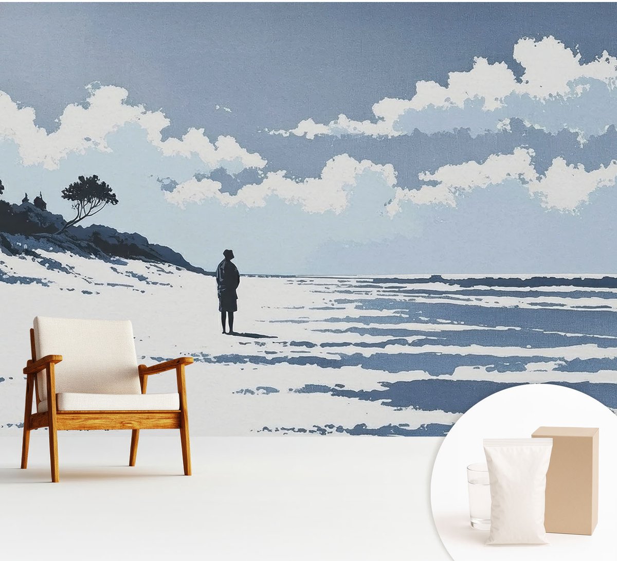 Wallfluent Fotobehang - Blauw Vliesbehang - 312x219 cm - Stilte Op Het Strand Fotobehang Vlies - Woonkamer behang Landschappen - Muurschildering - Woonkamer behang