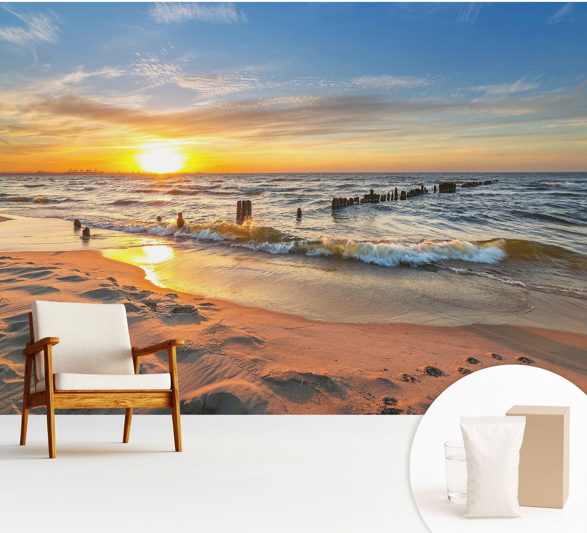 Wallfluent Fotobehang - Geel Vliesbehang - 312x219 cm - Zonsondergang Op Het Strand Muurschildering - Slaapkamer behang Landschappen - Fotobehang Vlies - Slaapkamer behang