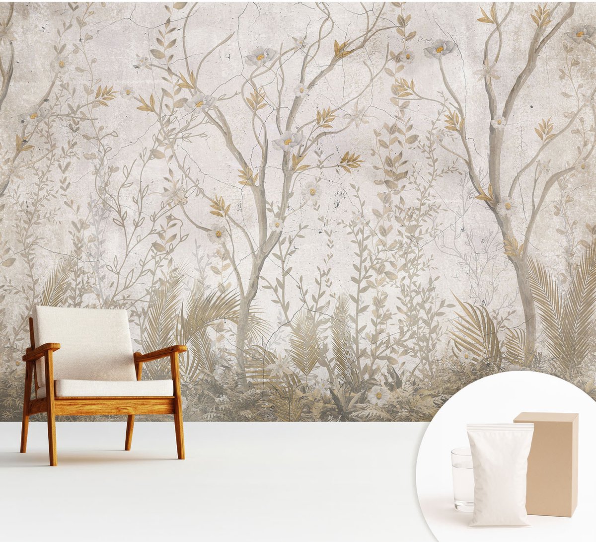 Wallfluent Fotobehang - Beige Vliesbehang - 312x219 cm - Een Boshoek Fotobehang Vlies - Woonkamer behang Bloemen En Planten - Muurschildering - Woonkamer behang
