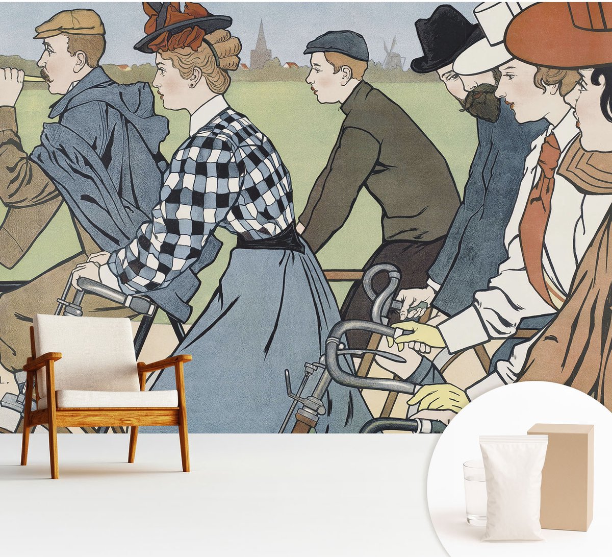 Wallfluent Fotobehang - Wit Vliesbehang - 312x219 cm - Vintage Fietsers Fotobehang Vlies - Woonkamer behang Mensen - Muurschildering - Woonkamer behang