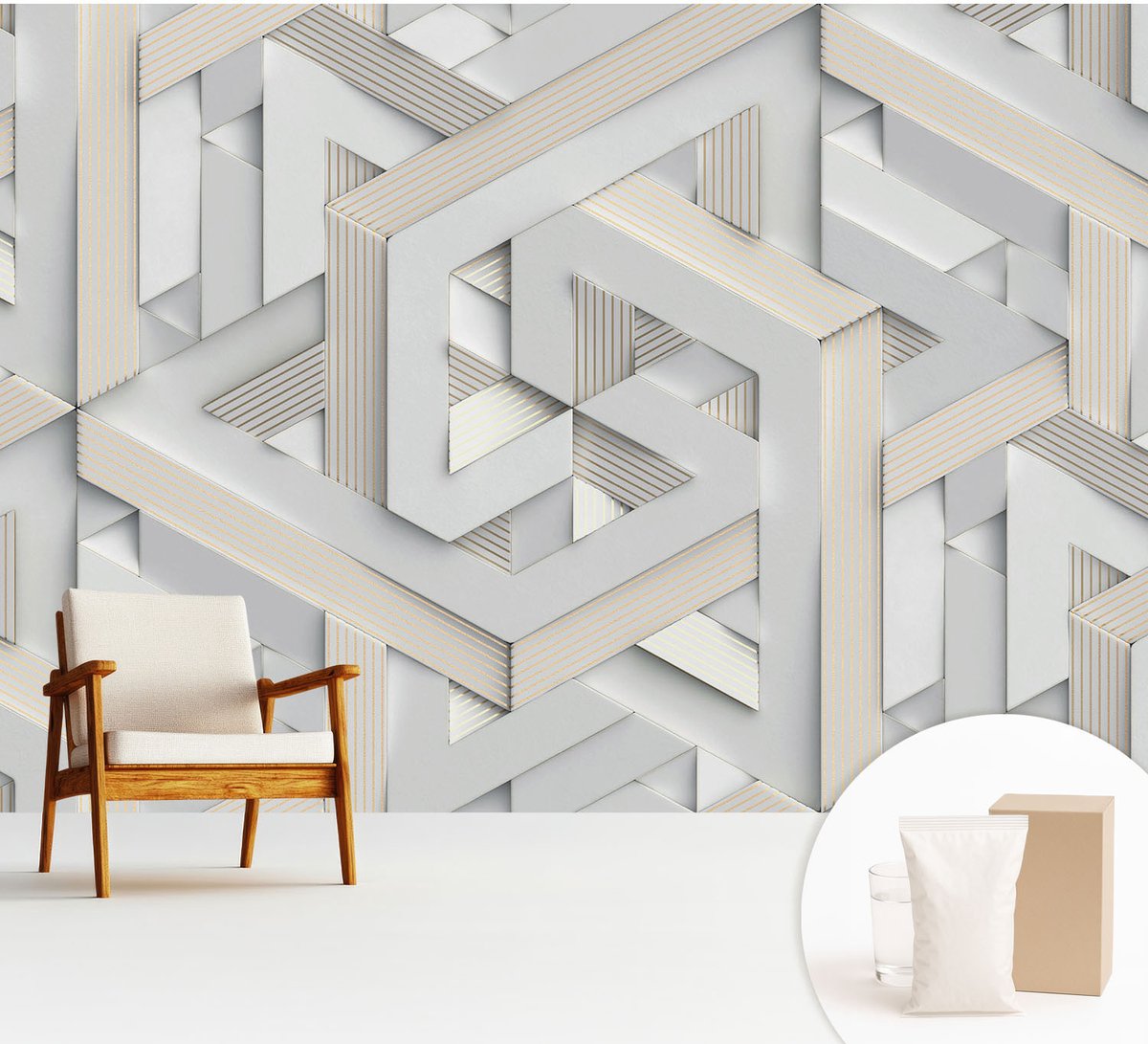 Wallfluent Fotobehang - Wit Vliesbehang - 312x219 cm - Illusoire Vormen Fotobehang Vlies - Woonkamer behang Geometrie - Muurschildering - Woonkamer behang