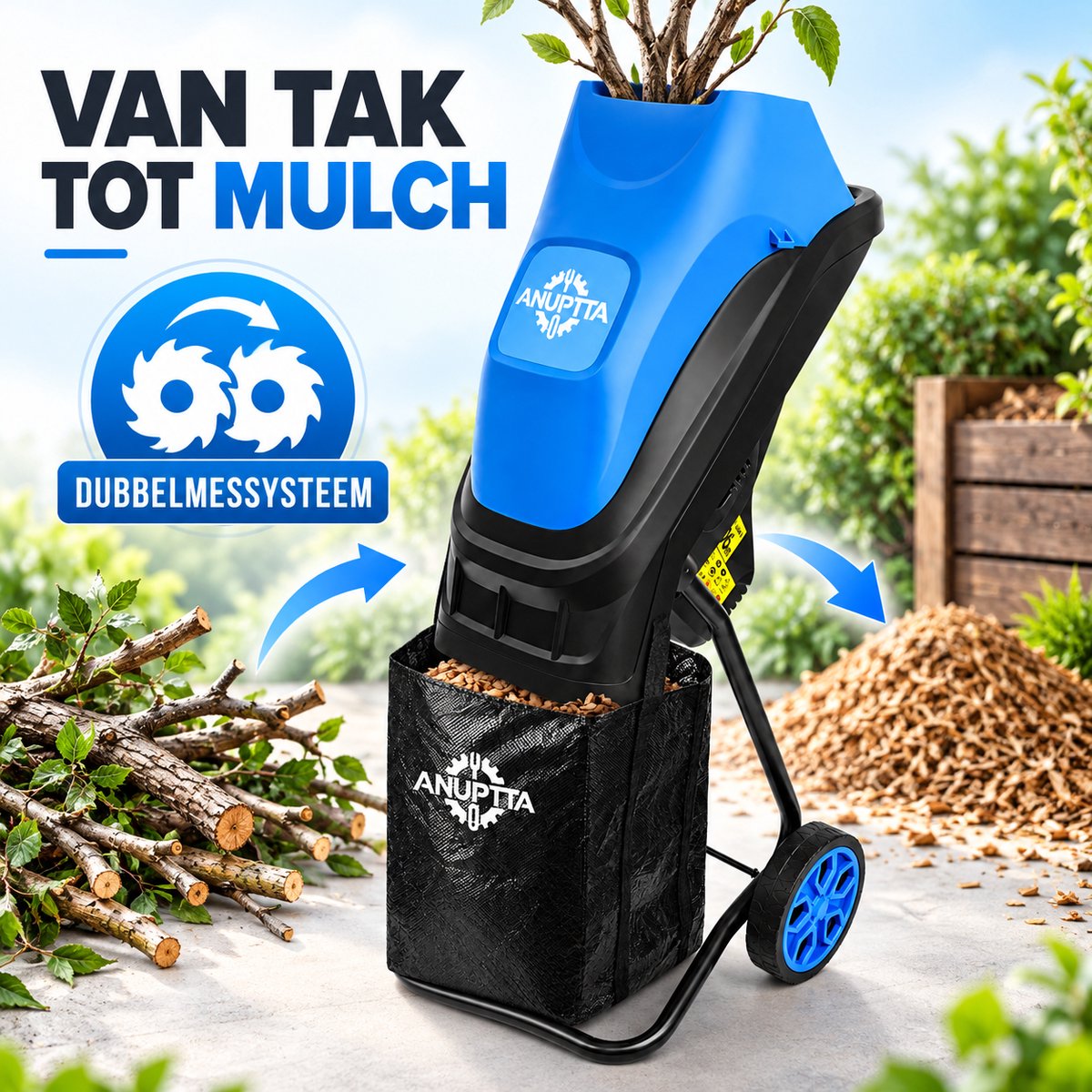 Elektrische Tuinhakselaar 15A met Opvangzak – Takkenversnipperaar voor Snoeihout en Tuinafval tot Ø45 mm – Dubbel Messysteem, Overbelastingsbeveiliging en Wiel