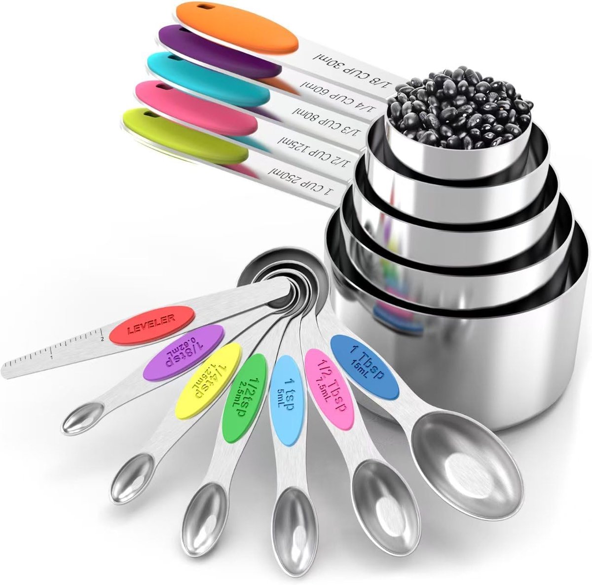 Maatbekers en magnetische maatlepels set - dubbelzijdig RVS - nauwkeurig afmeten - voor bakken en koken - keukenmaatgereedschap - voor bakliefhebbers - zilverkleurig - 12-delige set