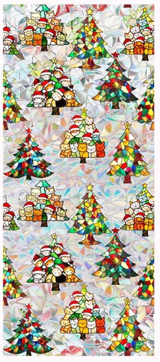 SNQ Retro Kerst Raamfolie met Glas-in-Lood Effect - Kleurrijke Kerstboom en Regenboog - Privacy en Zonwering - Statische Raamstickers zonder Lijm - Verwijderbaar en Herbruikbaar - 43x100 cm - Voor Woonkamer en Kerstdecoratie