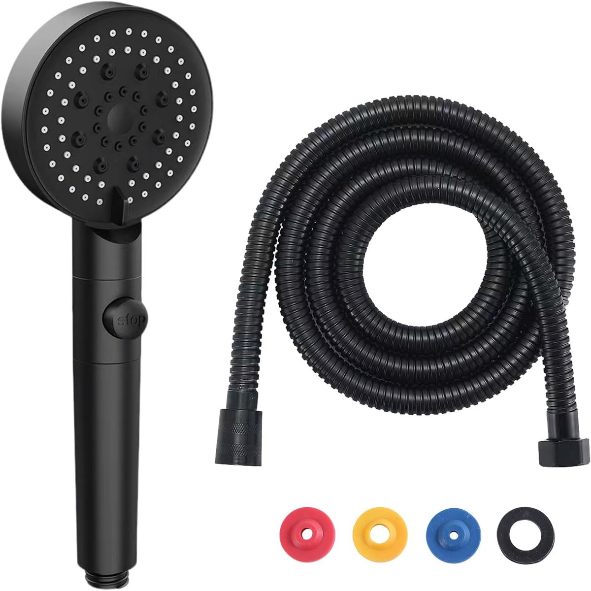 SnelShoppen - Douchekop met Filter, 5 Jettypes, Stopfunctie, Zwart, Hoge Druk Regen Douche, 1.5 m Slang, Anti-Kalk, Eenvoudig Te Reinigen