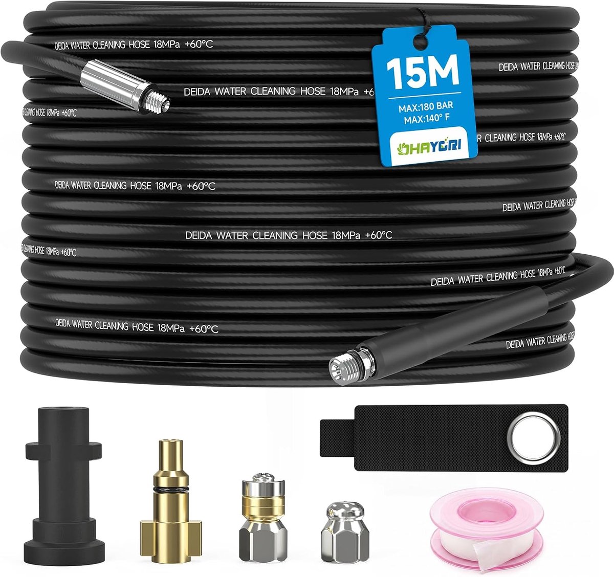 SnelShoppen - 15 m Afvoerslang voor Pipe Cleaning, 180 Bar, Professionele Tube Cleaning Set met Rigid + Rotating Nozzle, Adapters voor Kärcher K2-K7 e