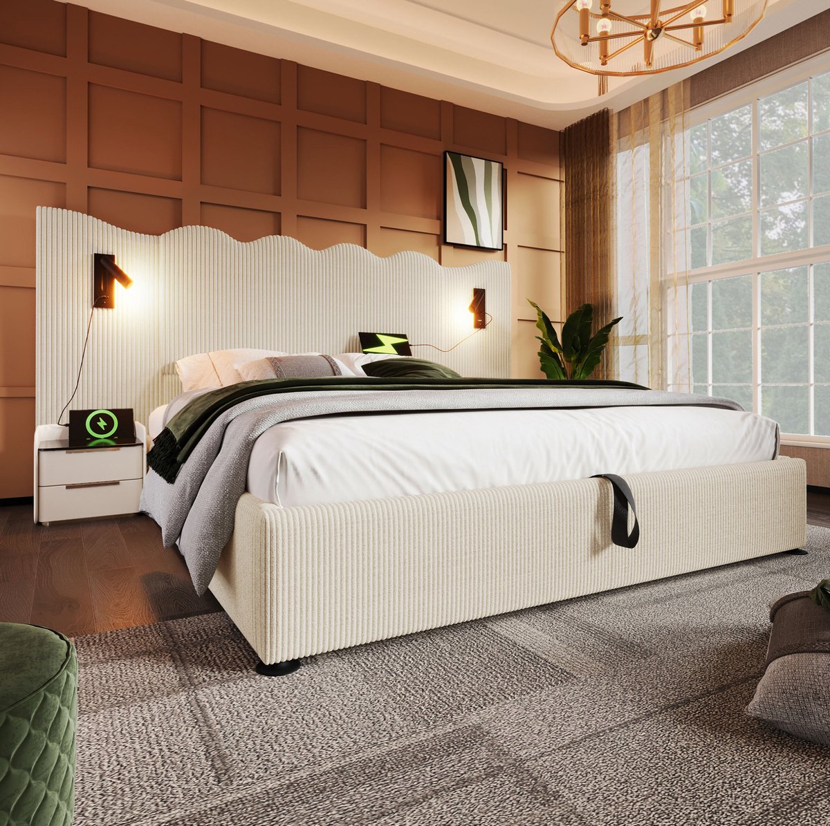 WUVRIE Opbergbed 180x200 cm met leesverlichting, USB en USB-C, lattenbodem en ribstof, beige/wit