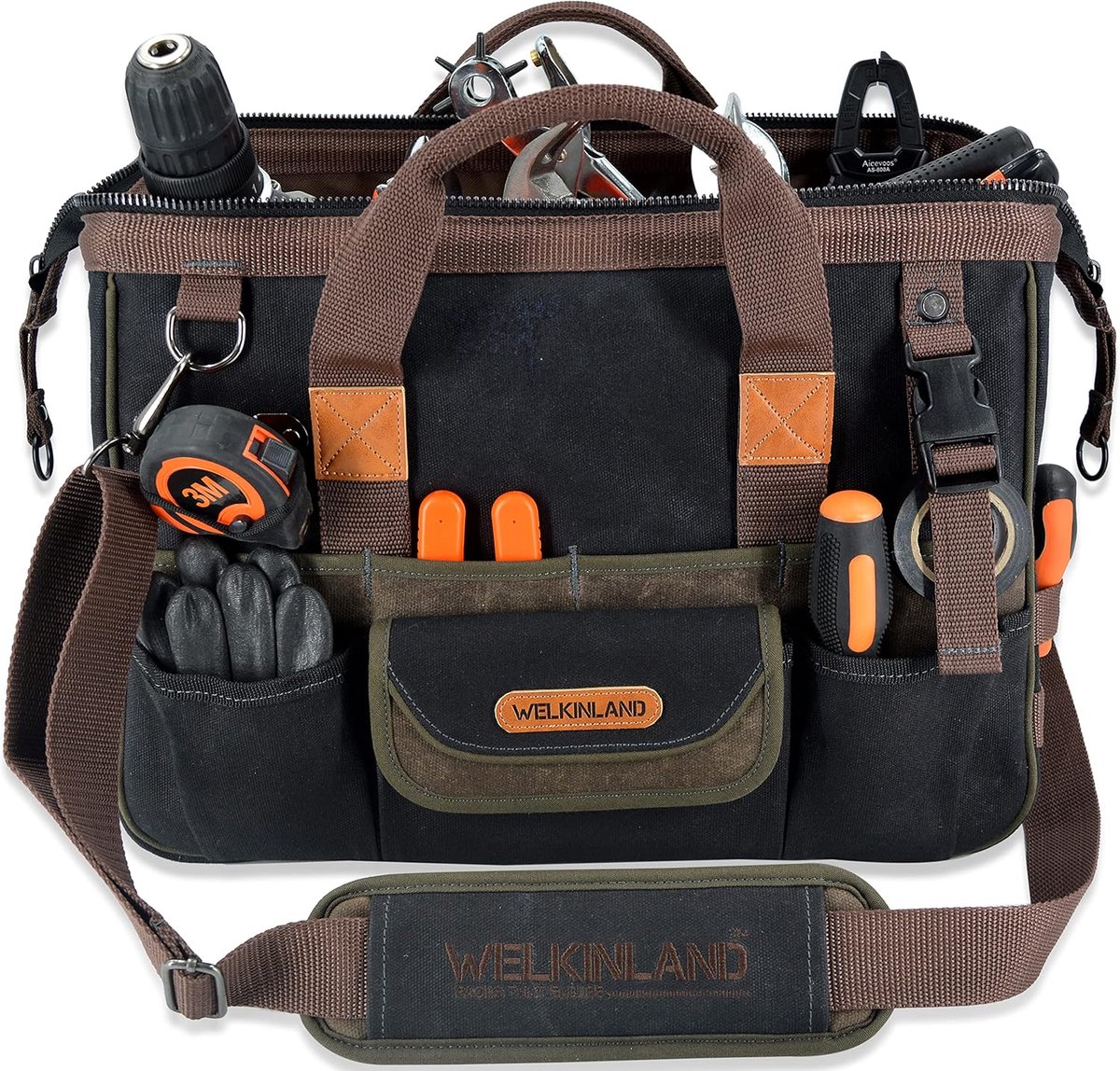 SnelShoppen - Heavy-Duty Tool Bag 16 inch - Robuuste Elektricien & HVAC Organizer - Waterdicht 20oz Waxed Canvas - Ideaal voor Klussen, Tuinwerk en Me