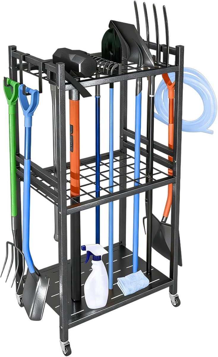 SnelShoppen - Tuin Gereedschap Organizer met 4 Haken, Metalen Gereedschaphouder voor Bezem, Mop, Hark, Schep, Tuin en Garage (Zwart, 42x30x80cm)