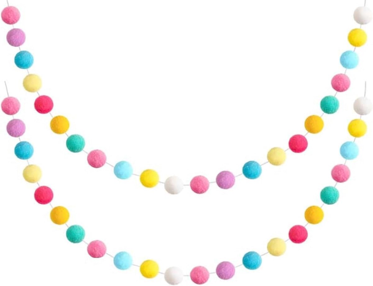 Pompom slinger 2 stuks - kleurrijke vilten ballen - handgemaakt - sfeervolle decoratie voor kinderkamer - ShopVlot