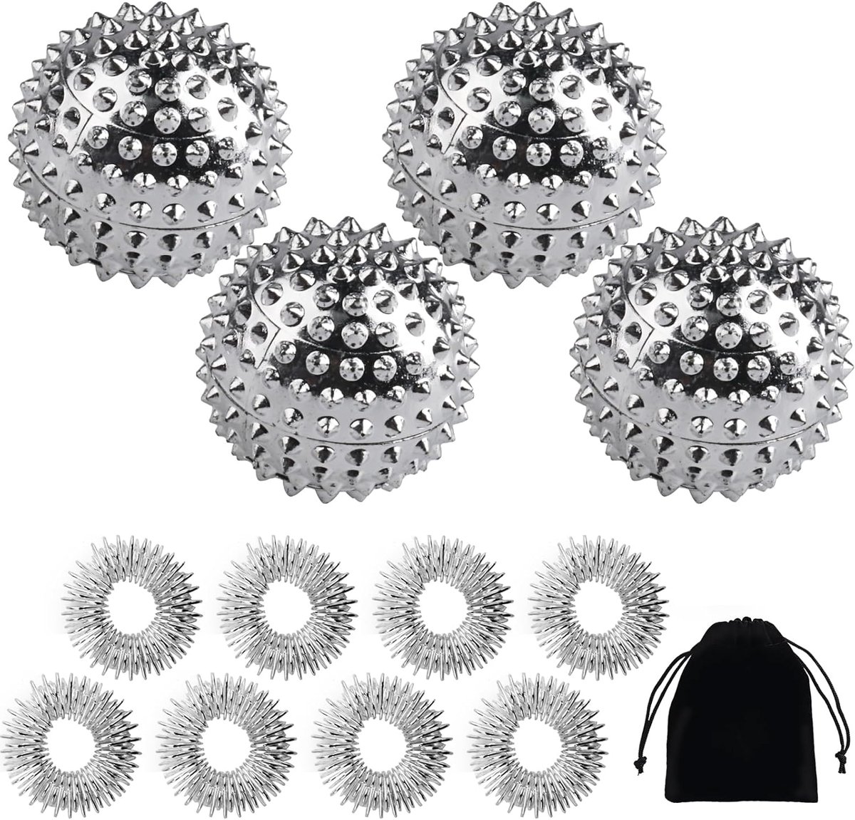 SnelShoppen - 4 Stuks Hedgehog Ball Massage + 8 Stuks Acupressure Ring Vinger Skills Set - Magnetische Acupressuurballen voor Stressverlichting - Comf