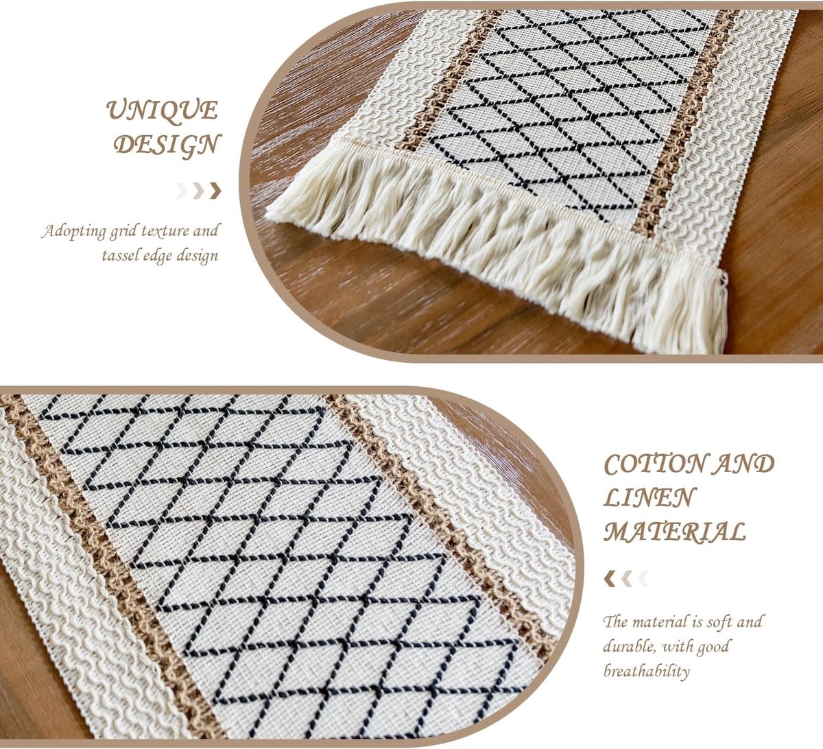Tafellaken met franjes 30 x 183 cm - beige katoen-linnen - vintage boho stijl - perfect voor tafeldecoratie - ShopVlot