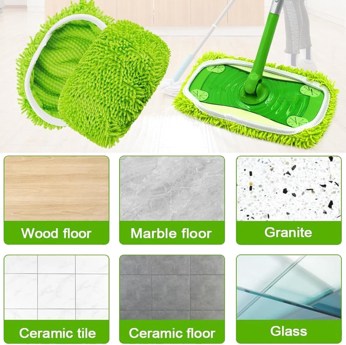 Mop pads set van 2 - 25,5 x 11,5 cm - Microvezel chenille - Geschikt voor hout, tegels en steen - Effectieve reiniging - ShopVlot