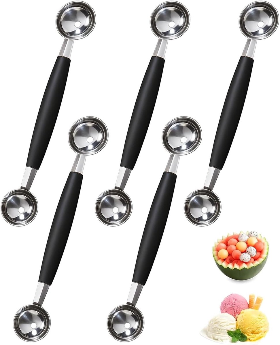 5 stuks Melonenausstecher Kugels Set Edelstaal Dubbelzijdig Parisienne Uitsteker voor Fruit en Groente met Sleifvaste - ShopVlot