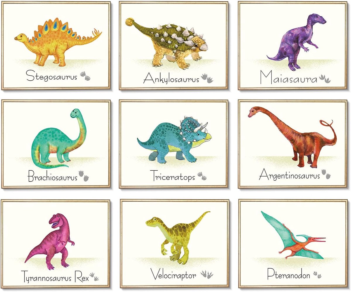 SnelShoppen - 9-delige Dinosaurussen Wanddecoratie - Muurstickers en Posters voor Kinderkamer, Speelkamer, Babykamer - Kleurige Dinosaurus Wandkunst -
