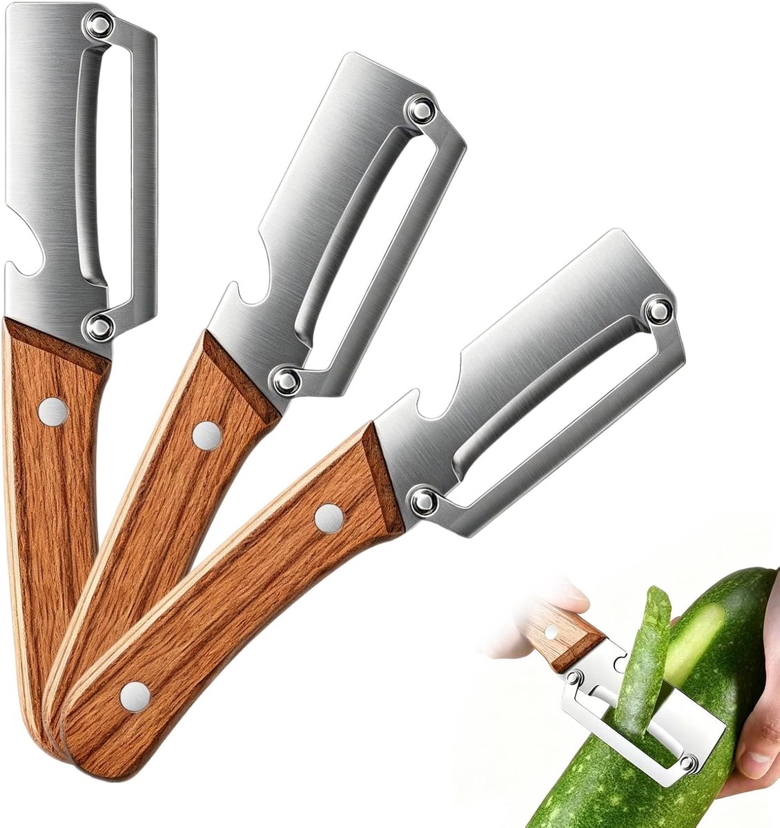 3-delige groenteschiller set - roestvrij staal - houten handvat - inclusief flesopener - ShopVlot