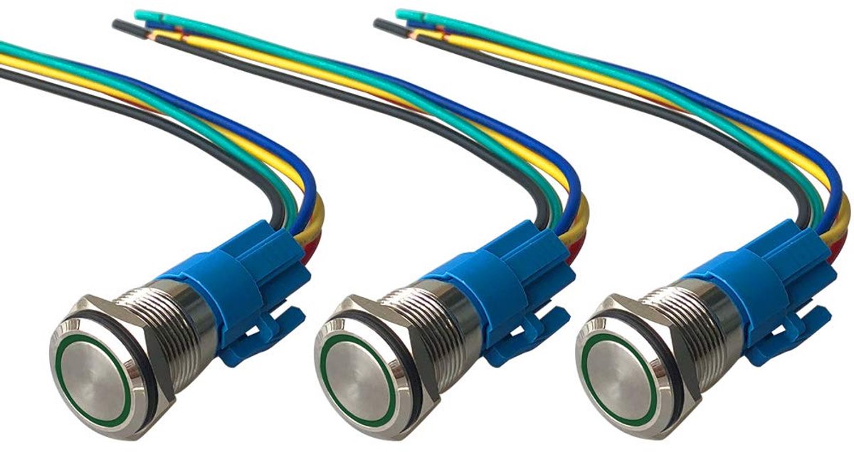 Pack of 3 12 V / 24 V 5 A Instantaneous Pressure Switch, 16 mm Car Ignition Start Switch, Green LED Light, Stainless - ShopVlot