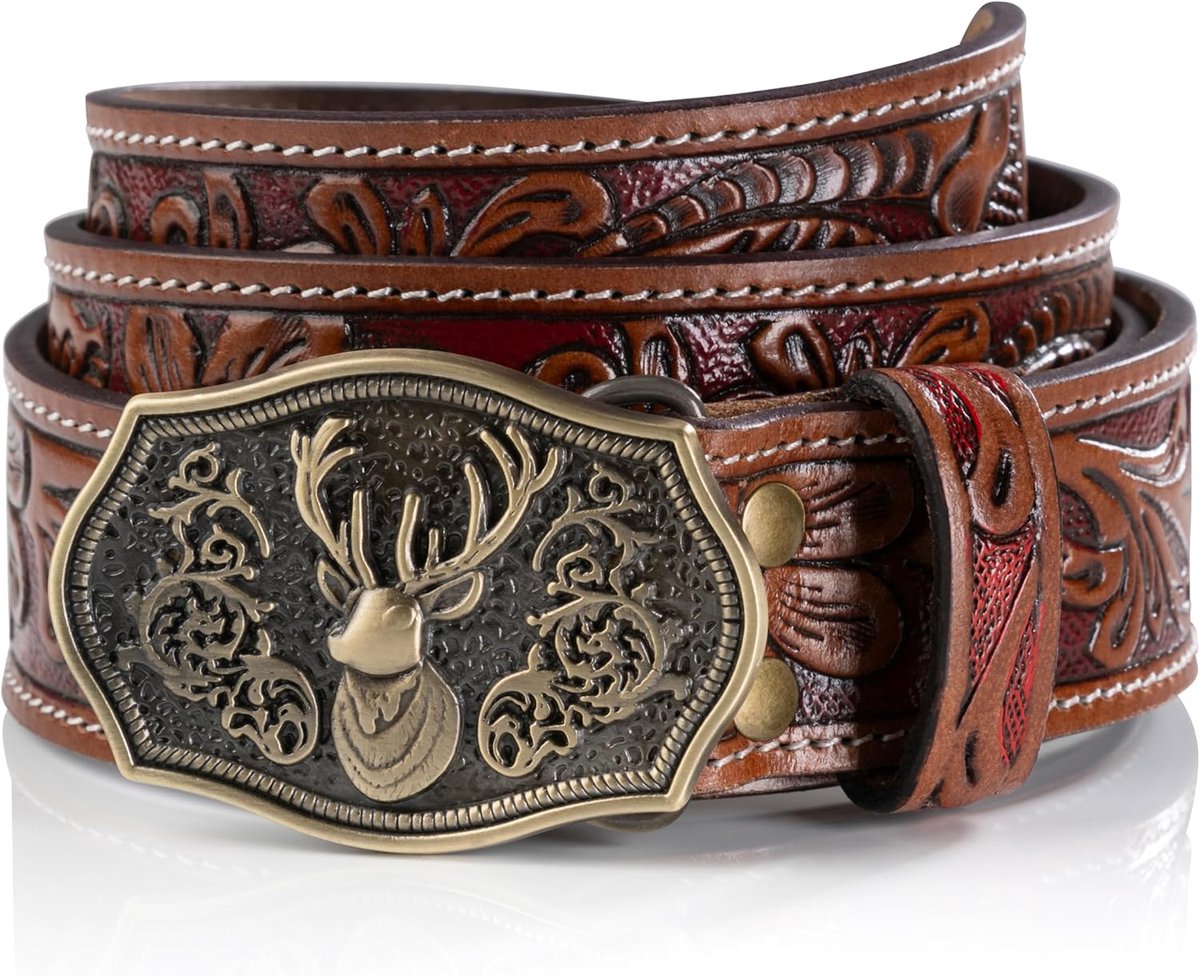 Schöneberger Trachten Couture Valentin Men's Traditional Traditional Belt Handmade Unique Leather Belt with Deer - ShopVlot