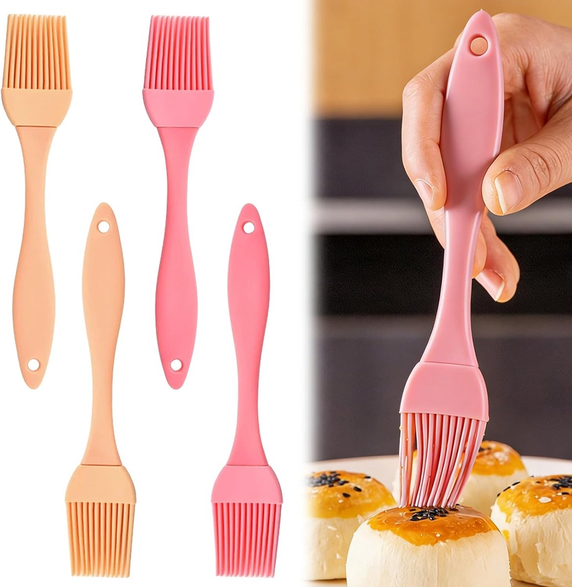 4 stuks keukenborstels van voedselsiliconen, hittebestendig, 17 x 3,2 cm, voor het koken in de keuken, hittebestendig, roze, abrikoos