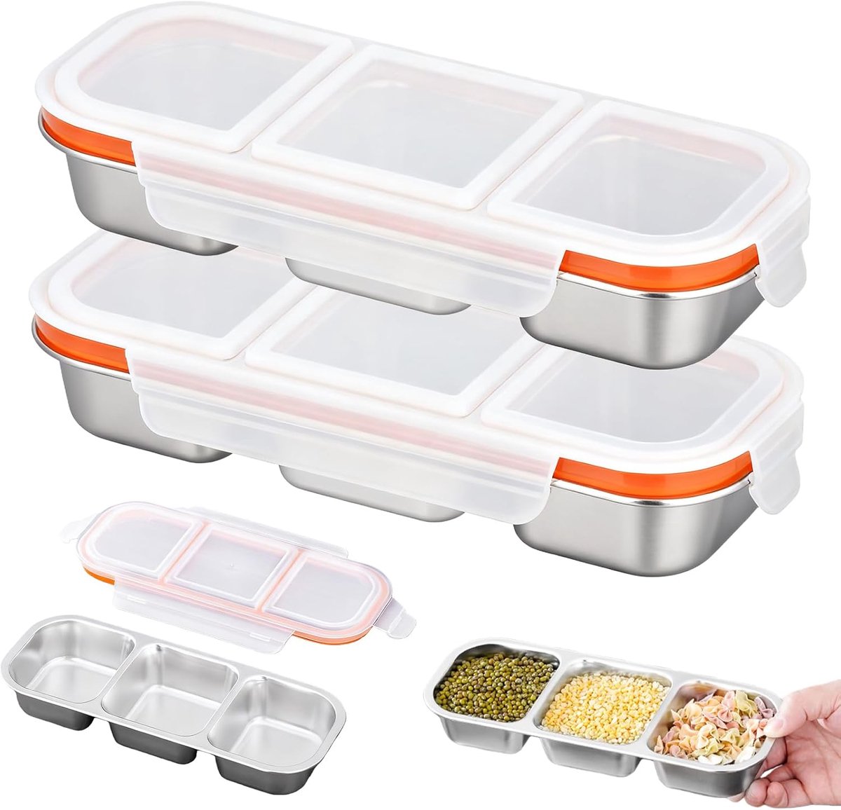Snackbox: 2 stuks roestvrijstalen snackcontainers met 3 vakken en kunststof deksel, snackboxen van roestvrij staal, herbruikbare lunchbox met 3 vakken met deksels voor school