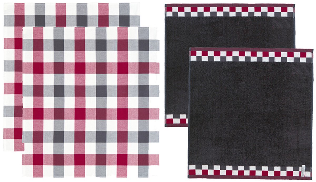 Bol.com DDDDD - Carre Theedoeken en Keukendoeken Set - Set van 4 - Katoen - Geruit - 60x 65 cm/50x55 cm - Rood en Antraciet aanbieding