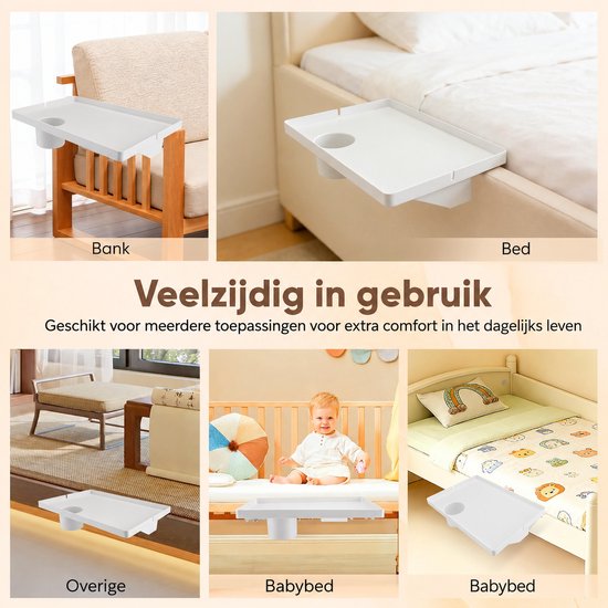 Veelzijdig te gebruiken: op een bank, bed, overige meubels, babybed met bekerhouder.