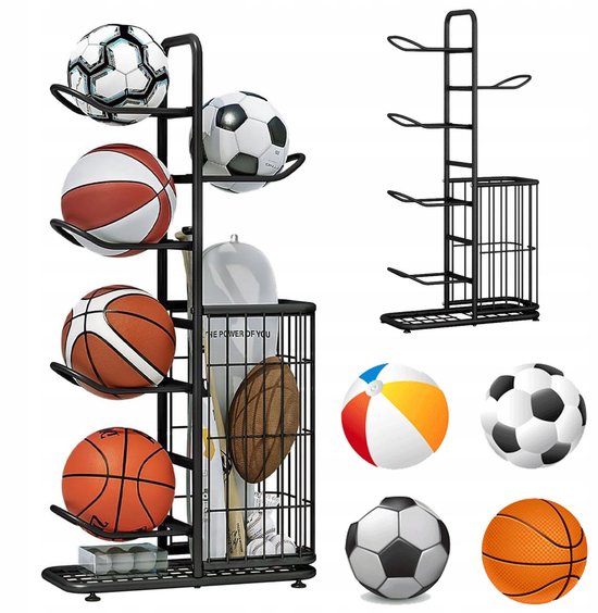 Zwarte metalen ballenhouder met 5 schappen en een mand, met ballen, basketbal, voetbal, en een helm.