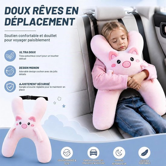 Kinderautoslaapkussen - Autokussen voor kinderen -Autostoelkussen - Hoofdsteun voor in de auto - Kinderkussen - Slaapkussen - H-vormig nekkussen voor op reis - Reiskussen - voor auto- en vliegtuigreizen - roze — afbeelding 4