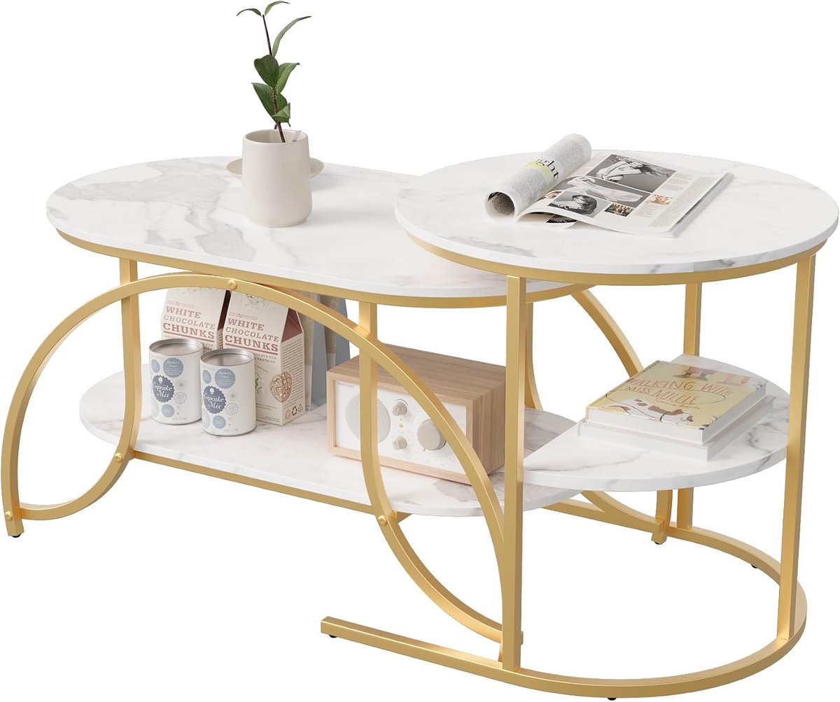 Marmeren blad, metalen frame, ovale salontafel met bijzettafel, woonkamertafel, ideaal voor woonkamer, balkon, kantoor, goud