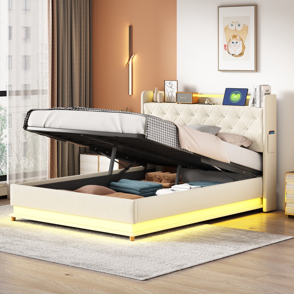 WUVRIE Gestoffeerd bed 140x200 cm met LED, USB-aansluiting en hydraulische opbergruimte, beige