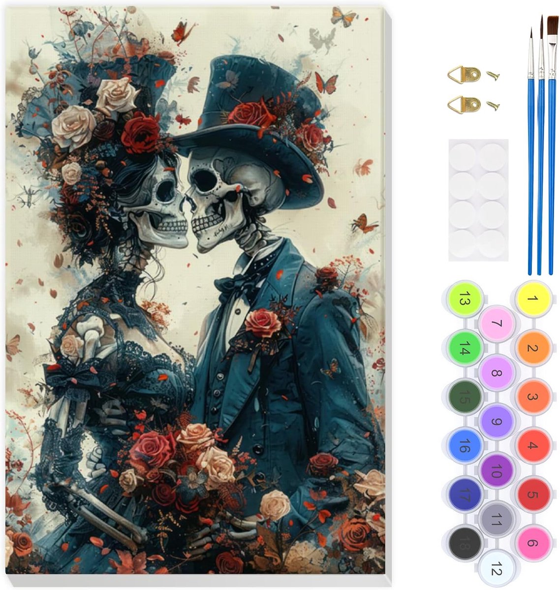 EOBROMD Skeletpaar schilderen op nummer sets voor volwassenen met frame, schilderen op nummer als cadeau - ShopVlot