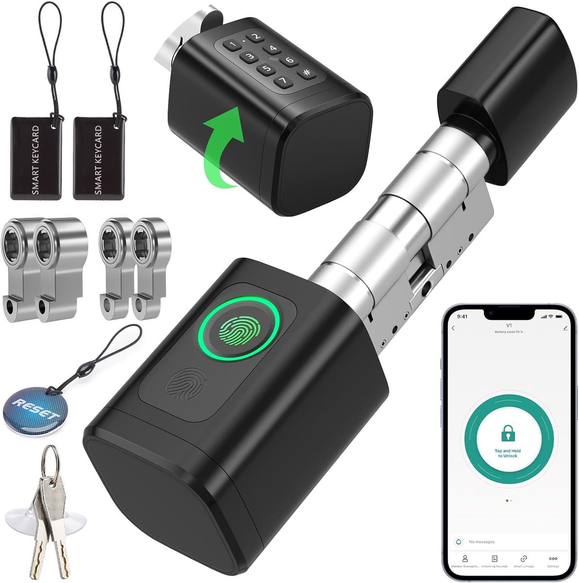 FITNATE Electronic Door Lock with Fingerprint, 5-in-1 - App, bluetooth, RFID, password and key, adjustable 60-80mm - ShopVlot